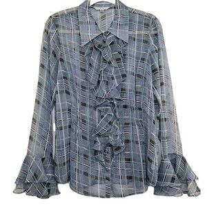 Cabi Ruffle Tie Neck Long Sleeve Windowpane Plaid Size L Career Work